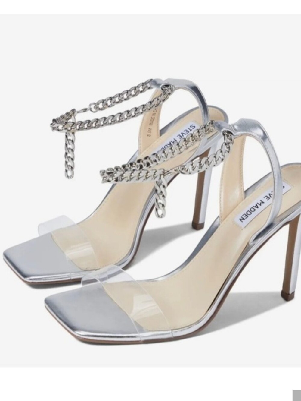 Steve Madden Peena silver ankle chainlink open toe stiletto heels sandals size 9